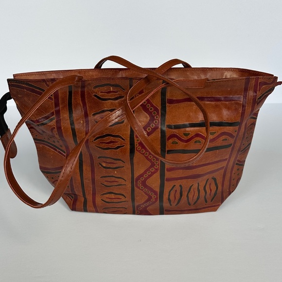 Vintage 80s Hand-Painted Genuine Leather Tote Bag | Made in India | Boho - Picture 5 of 8
